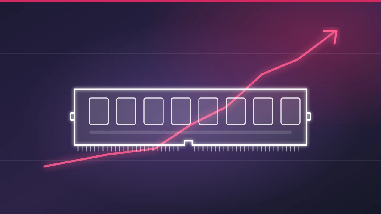 Line drawing of a RAM stick with a price line climbing steeply across it