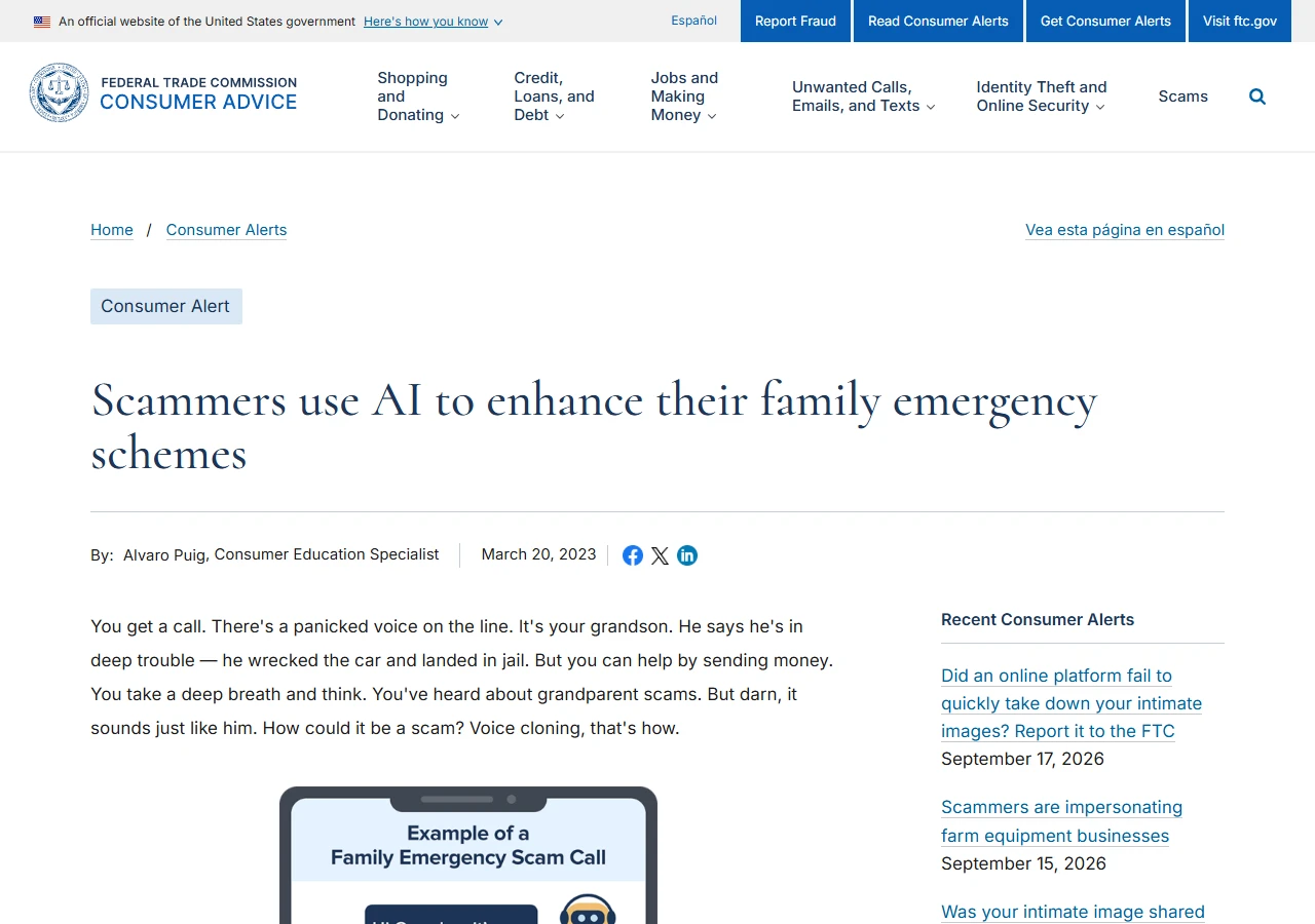 FTC consumer alert from March 20, 2023, titled Scammers use AI to enhance their family emergency schemes, opening with a phone call from someone who sounds like your grandson and says he is in deep trouble