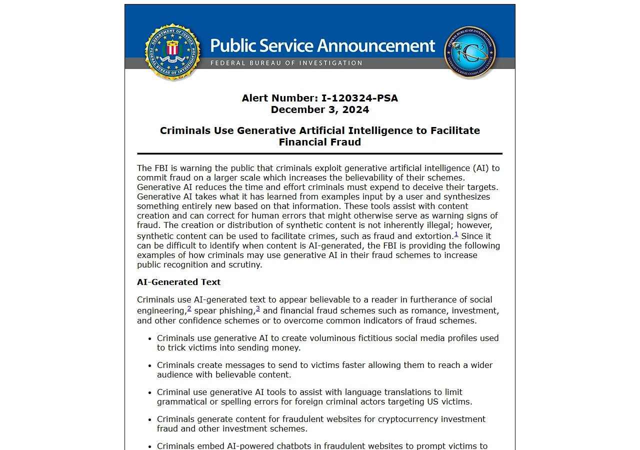 FBI 互联网犯罪投诉中心关于犯罪分子利用生成式 AI 实施金融诈骗的公告截图