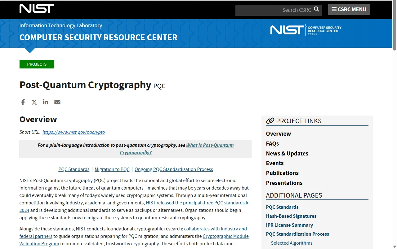 NIST Computer Security Resource Center project page for post-quantum cryptography; the overview states that the three principal standards were released in 2024, and the sidebar links to migration and to the ongoing standardisation process
